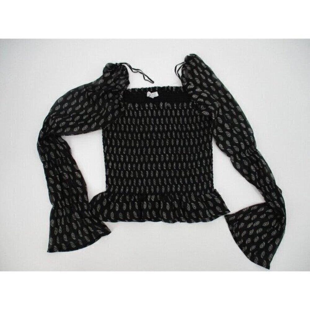 Patrons of Peace Womens Shirt XS Black Smocked White Bell Sleeve Stretchy Casual